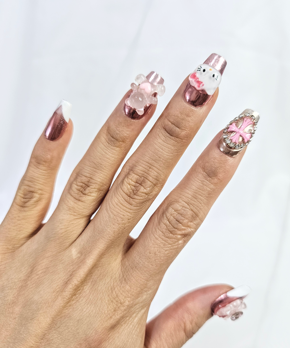 Handmade 3D Press on nails pink metallic hello kitty